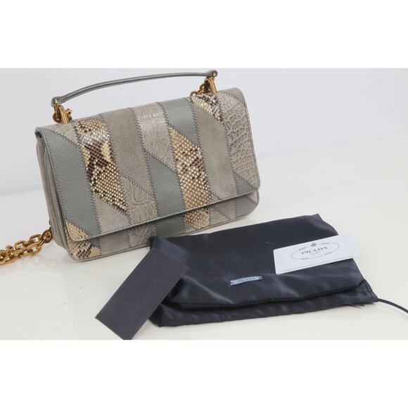Prada Crocodile Python Suede Leather Exotic Skin Patchwork Flap Shoulder Bag - Picture 3 of 16